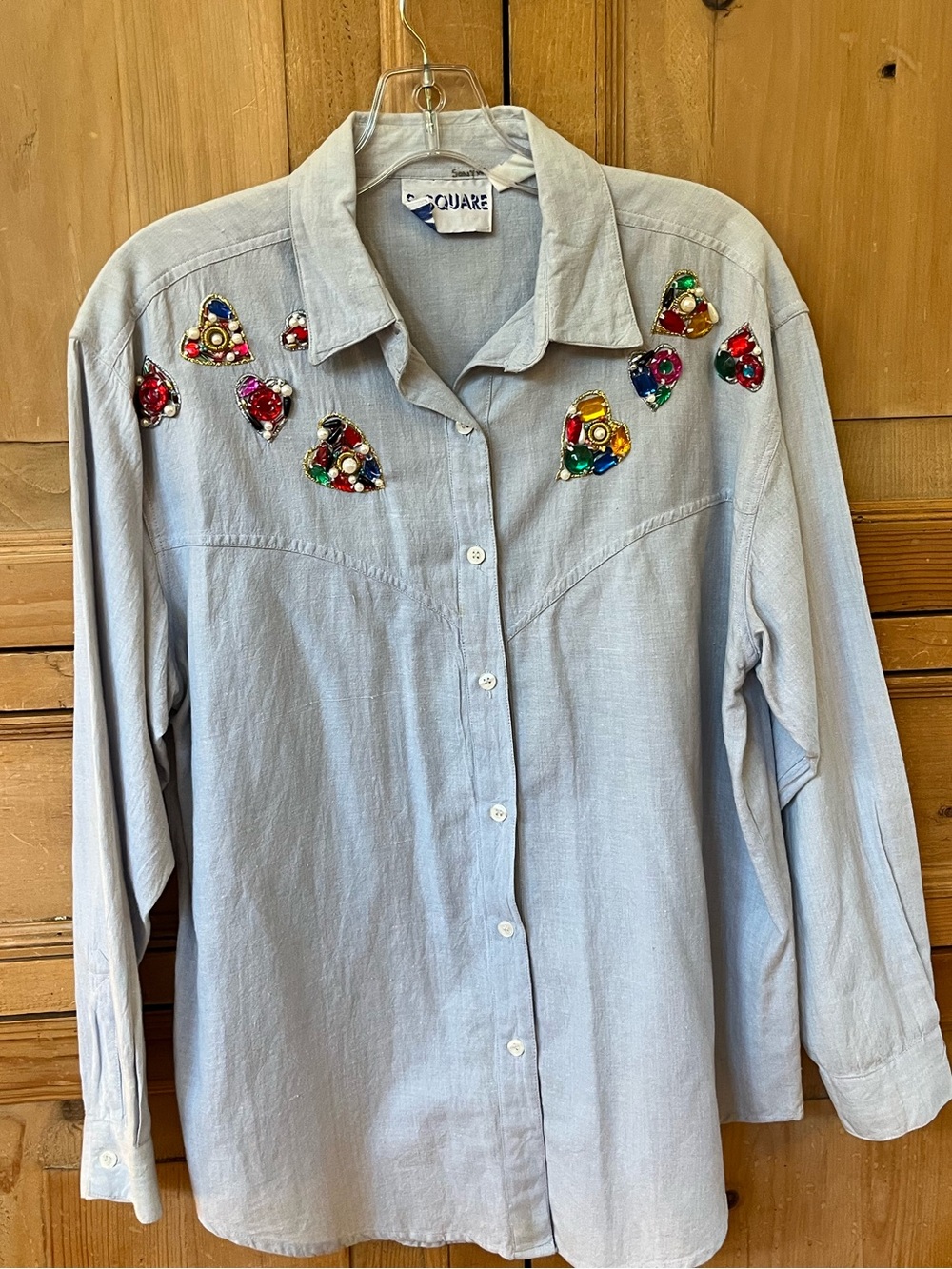 Vintage Embellished Western Style Top Button-Down Long Sleeve Vintage Blue Med